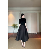 Fongt Fashion Suit Pure Color Shoulder Five-Sleeve Top In Autumn Waist French Black Dress