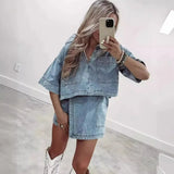Fongt Casual Jeans Set Women's Summer Loose Skinny POLO Short Sleeve Shirts Irregular Dresses
