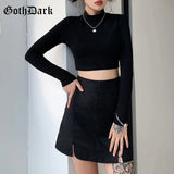 Dark Gothic Two Pieces Sets Skinny Black Turtleneck Long Sleeve Women Crop Tops T-shirts With Plaid Camisole