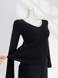 Fongt Temperament Commuter Black V Neck Nail Bead Sweater Women's New Early Spring Horn Sleeve Slim Long Sleeve Jacket-Outfit