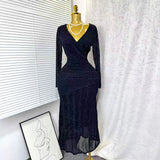 Fongt New Sexy Cross-Dress V-Neck Long Sleeves Elastic Mesh Hot Diamond Dress Female Elegant Dress