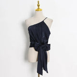 Asymmetrical Lace Up Vest For Women Skew Collar Sleeveless Sexy Solid Tank Tops Female Summer New Clothes