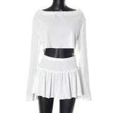 White Long Sleeve Crop Top And Micro Pleated Mini Skirt Set-Outfit