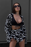 Fongt New Loose Long-Sleeved Women's Printed Casual Commute With Pajamas High-Waist Shorts Set