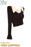 Winter Fashion Women's Fake Two Piece Lapel Collar Knitwear Sweaters Black Casual Slim Pullover Tops All-Match Korean