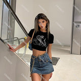 2000s Rhinestone Snake Pattern Short T-shirt O-neck Short-sleeved Short Cropped Sexy Top y2k High Street Women's clothes t
