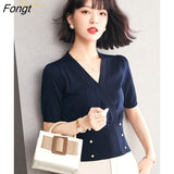 Han Queen Cross V-Neck Short Sleeve Knit T-Shirt Simple Women Tops Loose Blouse Casual Female Clothing New Blouses 2022