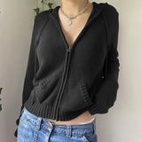 Fongt Hooded Zipper Cardigan Pocket Design Solid Color Sweater Coat Slim Short Style Top-Outfit