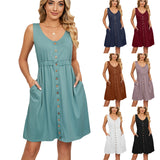 / Summer 2023 Solid Color Sleeveless Button Pocket Round Collar Slit Closed Waist Dress-Outfit