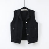 Black Red Pink White Denim Vest Tops Women Spring Summer Washed Ripped Beaded Sleeveless Jacket Lady Jeans Waistcoat