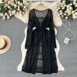Fongt Spring And Summer Leisure Cardigan Dress Female Feeling Hollow Out Travel Vacation Wind Open Fork Long Shawl Tide-Outfit