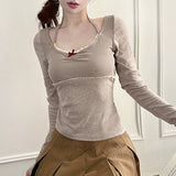 Aesthetic Halter Neck Bow Long Sleeve Tee-Outfit