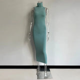 Vestidos De Verano 2021 Summer Blue Evening Maxi Long Dress Turtleneck Bodycon Outfits Woman Backless Party