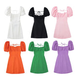 Fongt New Spring 2023 Square Collar Solid Color Versatile Bubble Sleeve Back Band Open Back Dress-Outfit
