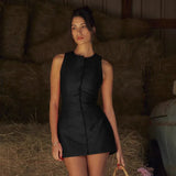 Solid Buttoned Sleeveless Mini Dress-Outfit