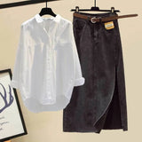 Women Streetwear Spring Denim Skirts Sets Korean Long Sleeve Casual Blouse And Side Split Skirt Two Piece Set