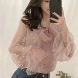Gauze Bow Beading Pink White Blouse 2023 Summer Women Solid Chiffon Shirt Female Blouses Top Office Shirts Blusas 4323