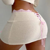 Girl Style Belt Collision Color Small Bow Knot Woolen Skirt 2023 Spring / Summer New Sexy Buttocks
