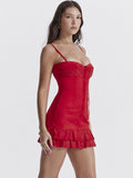 Red Lace Patchwork Buttoned Mini Dress-Outfit