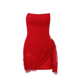Fongt 2023 New Women's Sexy Lace Mesh A Word Shoulder Wipe Breast Micro Transparent Slim Dress