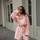 Fongt Open-Shirt Shorts Set 2025 Spring And Summer Wear Simple Solid Color Casual Suit