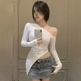 Spring Long-Sleeved Off-Shoulder Irregular Design Top Autumn Solid Color Fashion Korean Style Retro Sloping Collar-Outfit