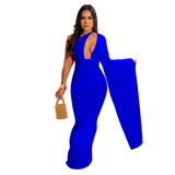 Fashion Women's Solid Color Single Shoulder Cuff Open Back Long Dress Women-Outfit