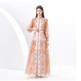 Fongt Early Spring Holiday Wind Collar Lantern Sleeve Print Single Buckle Waist Dress Female Pressure Fold Elegant Long Dress