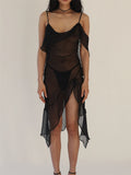 Women Y2K Ruffles Mini Dress Sexy Low Cut Slim Fit Mesh See Through Short Split Dress Summer Beach Female Vestidos-Outfit