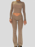 Spring Fall 2 Pieces Women Outfits Solid Color O-neck Long Sleeve Slim Fit Basic T-Shirts Tops Long Flared Pants 2023-Outfit