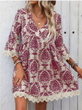 Fongt Fashion New WISH / Print V-Neck Lace Seven-Sleeve Dress