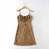 Summer Brown Floral Print Backless Sling Dress Summer Woman Adjust Spaghetti Strap Short Dresses Beach Holiday