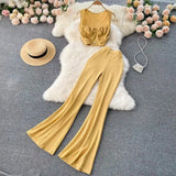 Fongt Suit Women Feel Low-Neck Short Top With High-Waisted Flared Trousers Fashion Two Sets