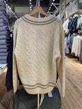 Women Loose Striped V-Neck Sweaters 2023 Autumn Fashion Long Sleeve Knit Pullover Chic Female Oversize Knitwears-Outfit