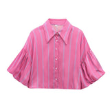 Fongt Short Top 2025 Spring New Five-Point Sleeve Bubble Bubble Sleeve Loose Stripe Small Shirt