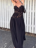 Fongt Women's Solid Color Splicing Lace Embroidery Dress Fashion Embroidery Women 8167