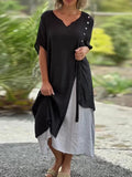 Women Patchwork V Neck Dress Female Vintage Button Short Sleeve Summer Dress Loose Fit Streetwear Solid Dresses