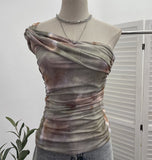 Net Yarn Printed Slanted Shoulder Sling Vest Retro Design Folding Temperament Short Blouse