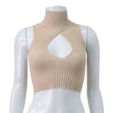 Fongt Women's Autumn New High Neck Sleeveless Chest Hollow-Out Design Knit Fabric Thread Short Vest-Outfit