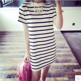 Fongt Summer Women's Wear Long Women's Stripe Loose Short-Sleeved T-Shirt Korean Version Horizontal Stripe Women's