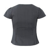 Striped Square Neck Short Sleeve Double Zipper Top-Outfit