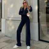 Blue Buttoned Collar Long Sleeve Jumpsuit-Outfit