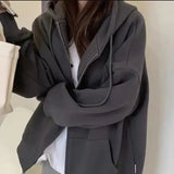 Solid Color Oversized Zip Up Loose Hoodie-Outfit