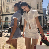 Fongt Small Fragrant Pure Girl Bubble Sleeve Strapped With Wood Ear Age Reduction Netcloak Umbilly Short-Sleeved Top
