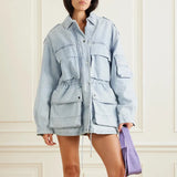 Fongt 2024 New Fashion Multi-Pocket Design Sense Waist Show Thin Long Work Style Denim Coat Female-Outfit