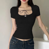2024, The New Summer Product, Honey Spice Girl, U-Collar, Bow Tie, Sexual Tie, Knitted Bottom Shirt.-Outfit