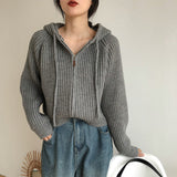 Vintage Zip Up Knitted Hooded Cardigan-Outfit