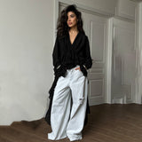 Fongt Temperament Niche Lotus Side V-Neck Irregular Drag-And-Drag Chiffon Sleeve Top