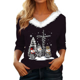 Fongt Wear 2024 New Christmas Elements Print Long Sleeve V Collar Women's T-Shirt-Outfit