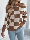 Shooting Autumn And Winter New Casual Shoulder Bump Color Lattice Lantern Long-Sleeved Sweater Women's